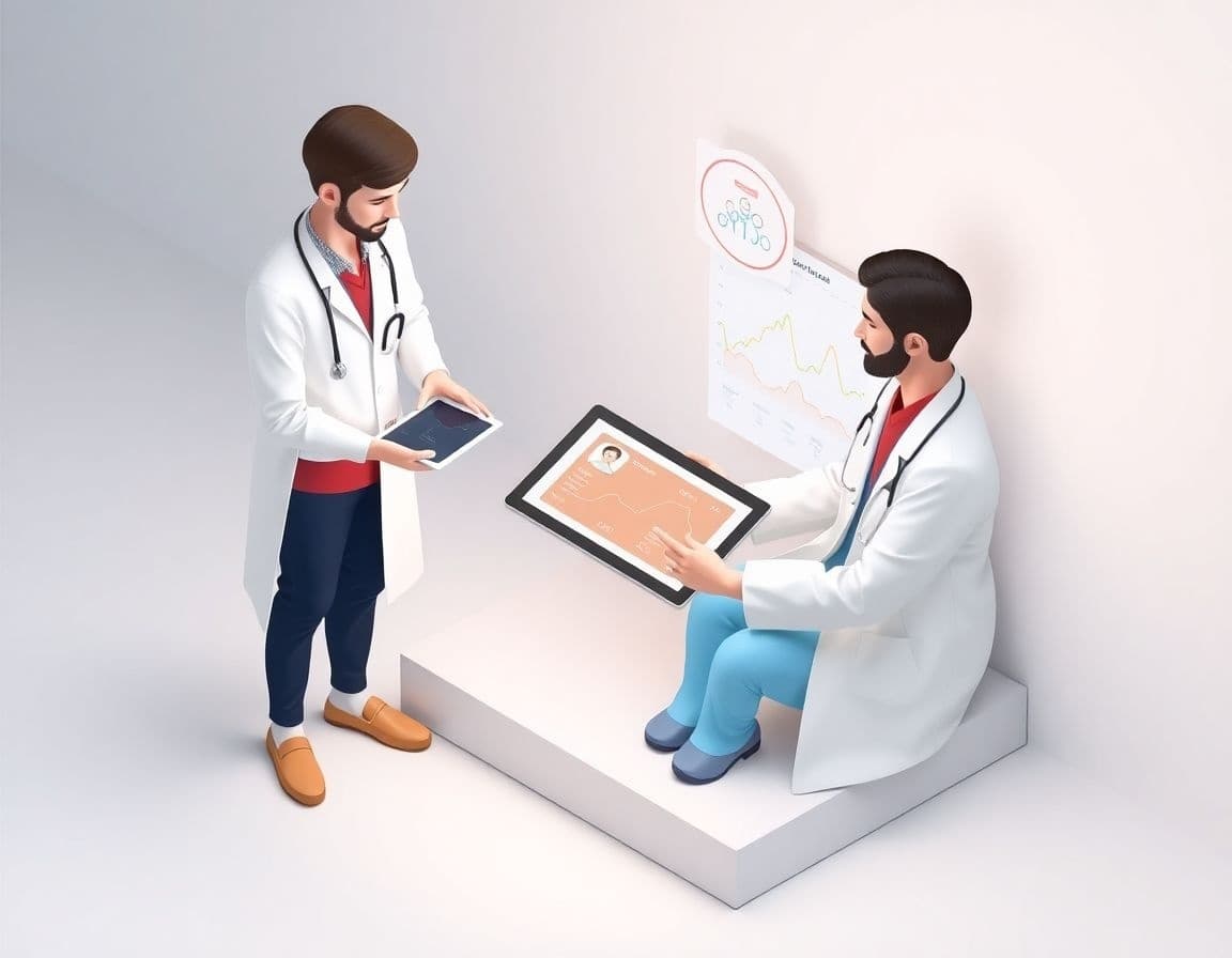 Two clinicians reviewing a tablet with patient summary